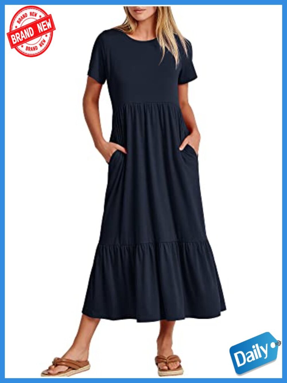 Womens Casual Maxi Dress Tiered Flowy Short Sleeve Crewneck Beach Travel Long